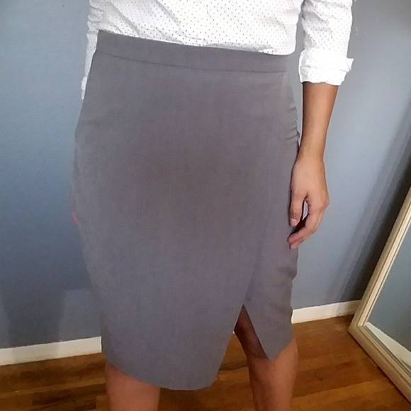 GRAY FAUX WRAP PENCIL SKIRT - Picture 2 of 5